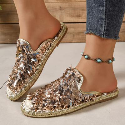 Модные женские тапочки с блестками, плоские повседневные тапочки баотоу, 2025 лето, новая модная обувь, женские легкие уличные сандалии, шлепанцы женские