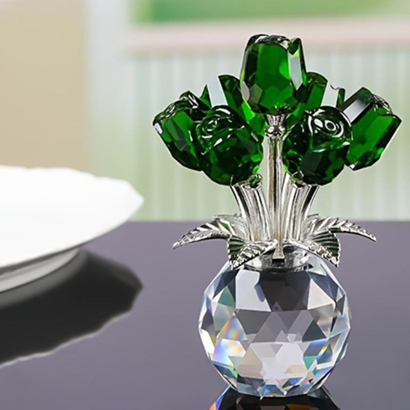 Crystal Rose Figurines Ornament,Crystal Bouquet Ornament Collectibles Handmade Rose Flower Gift for Wife Mom Girlfriend
