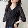 MODIQUE, летние большие размеры, женская хлопково-льняная шифоновая блузка, рубашки, однотонные летние пальто, большие размеры, с v-образным вырезом и половиной рукавов, на пуговицах