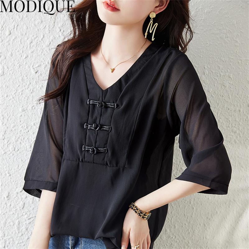 MODIQUE, летние большие размеры, женская хлопково-льняная шифоновая блузка, рубашки, однотонные летние пальто, большие размеры, с v-образным вырезом и половиной рукавов, на пуговицах