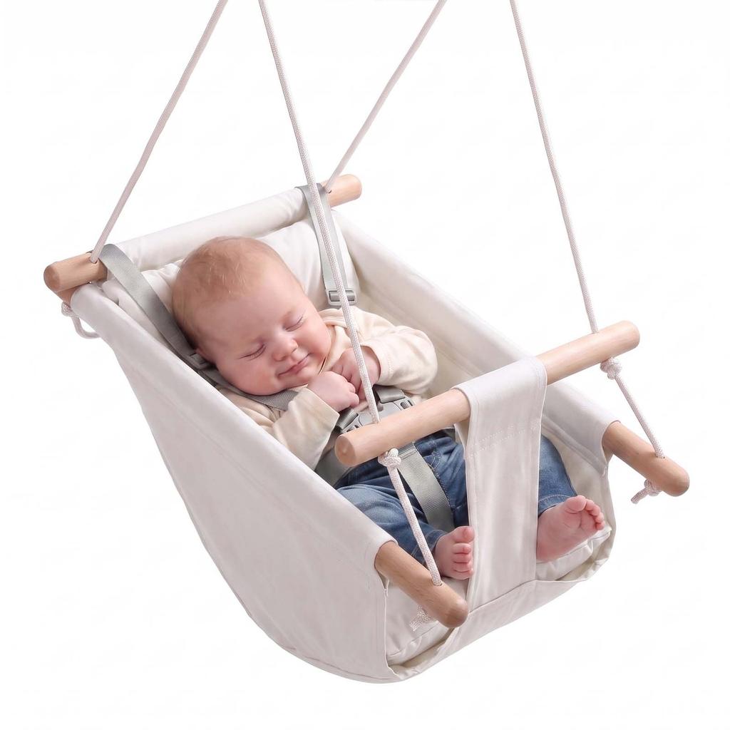 Baby Swing 30 kg Weight Capacity 3 Modes Canvas Hammock Swing White, for Indoor and Outdoor, 5-Point Harness and Tree Straps, Wooden Hanging Seat with