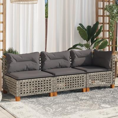 Garden Sofa with Cushions 3 Seater Grey Poly Rattan