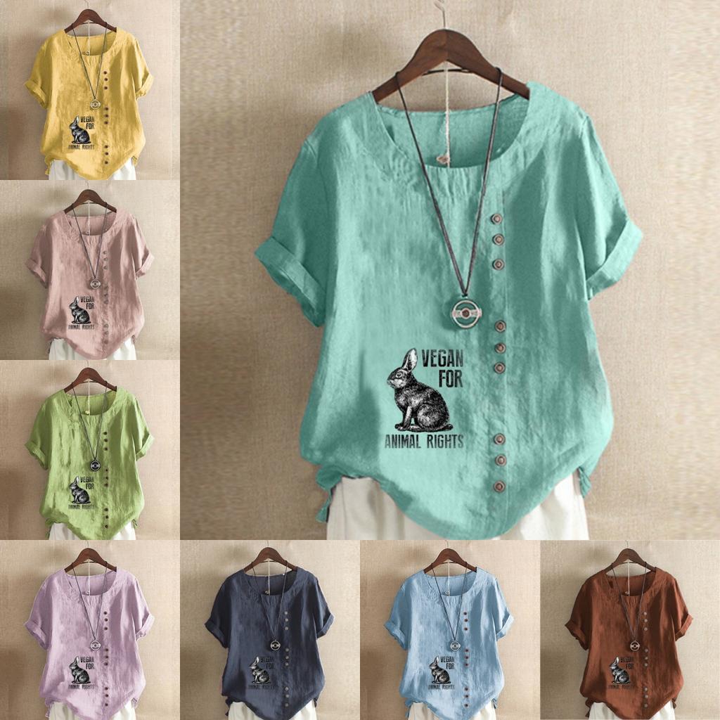 Женская модная футболка с круглым вырезом и коротким рукавом с милым принтом кролика, повседневная рубашка из хлопка и льна с рисунком, свободная летняя блузка для отдыха, топы