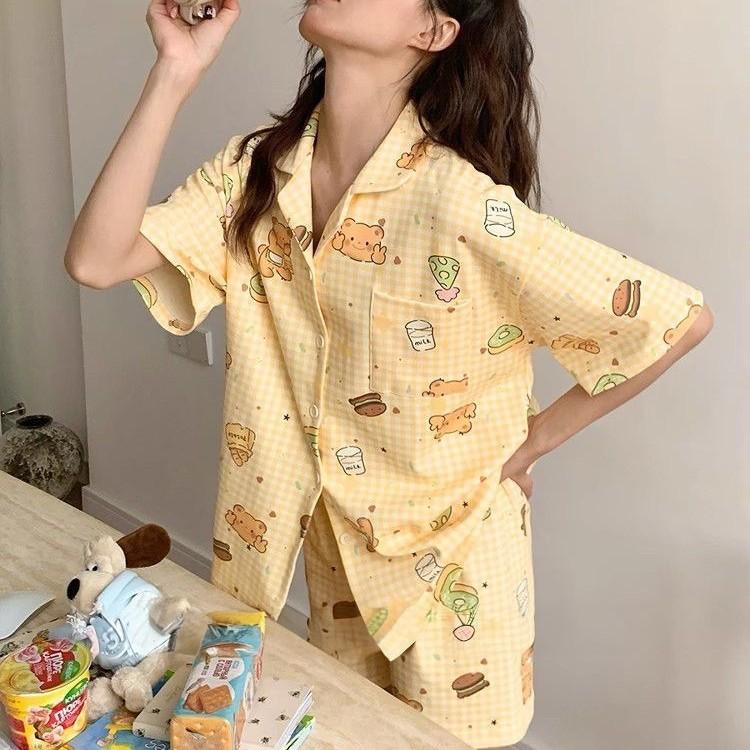 Yellow plaid bear pajamas women's summer new short-sleeved sweet high-value loungewear girl princess style suit