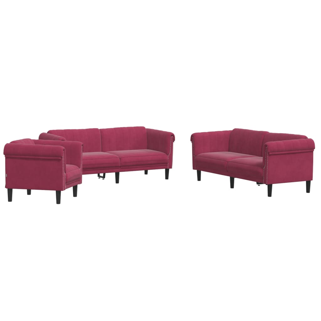 3 Piece Sofa Set Burgundy Velvet