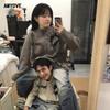 Unisex Vintage Print Knit Cardigan Sweater Long Sleeve Loose Fit Winter Casual Outerwear