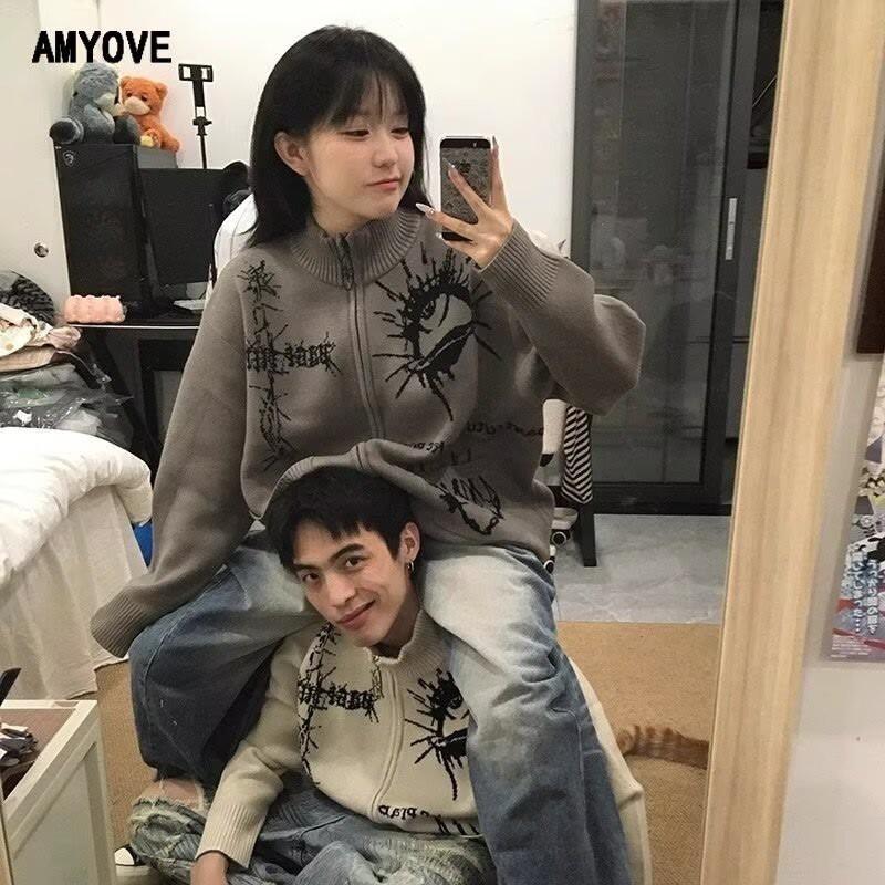 Unisex Vintage Print Knit Cardigan Sweater Long Sleeve Loose Fit Winter Casual Outerwear