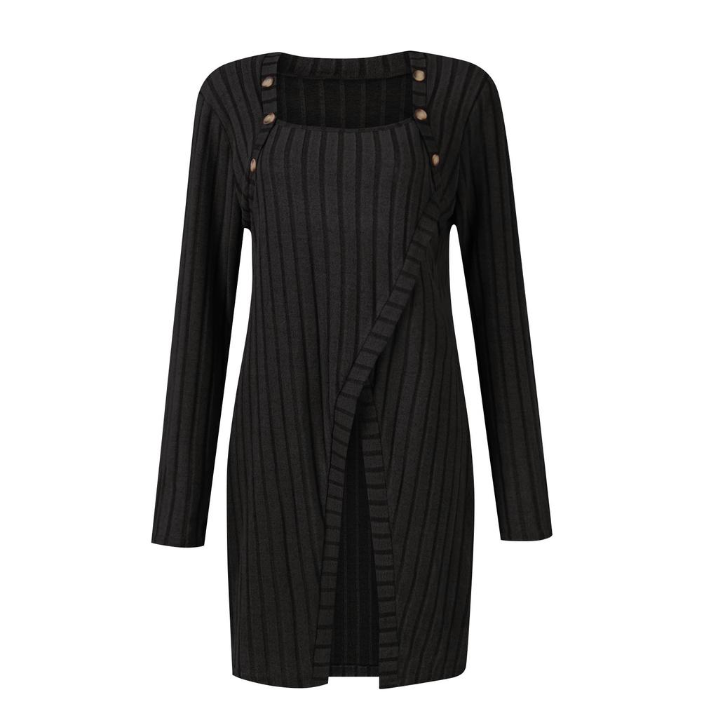 Женская модная повседневная футболка с длинным рукавом, однотонная, с квадратным вырезом, с пуговицами и неровным подолом