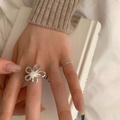 S кольцо из стерлингового серебра с большим цветком, кольцо с темпераментом тяжелой промышленности, преувеличенное, универсальное, открытое, для указательного пальца