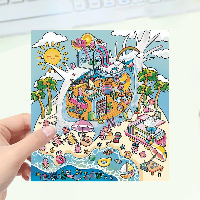 Cartoon Landscape Stickers Multiple Miniature World 3D Hut Unzip DIY Scene Manual Post