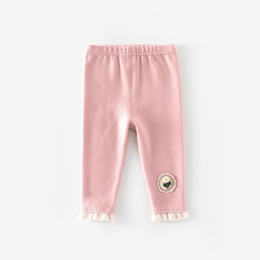 Осень 2025 Леггинсы для девочек: Цветочная аппликация, кружевная отделка, однотонная для младенцев и детей