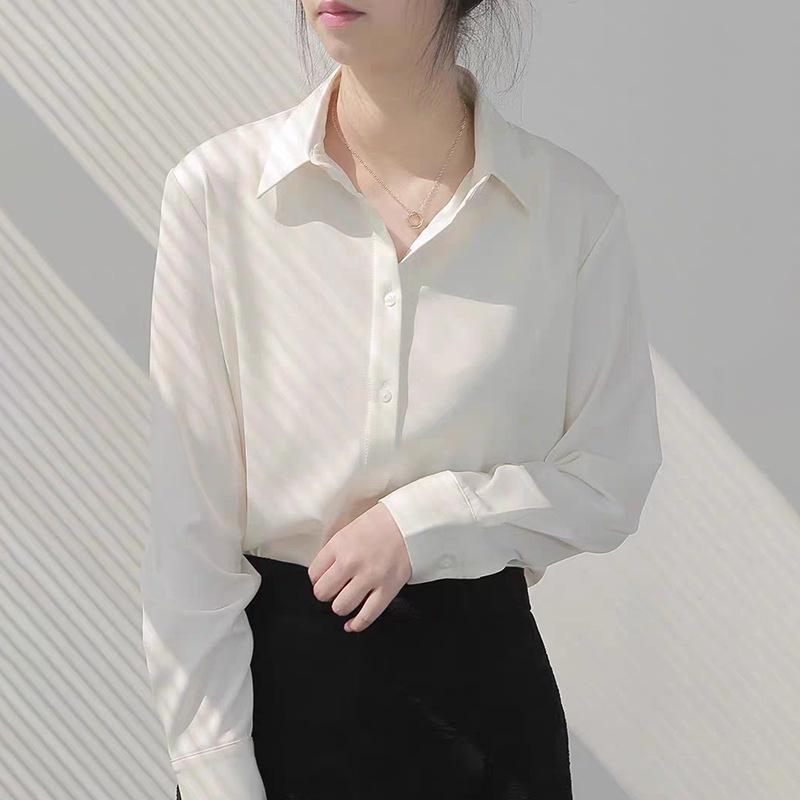 Women's Ash Blue Satin Long Sleeve Shirt - Retro Hong Kong Style, Spring Commute, Concealed Placket, Versatile Drapey Blouse