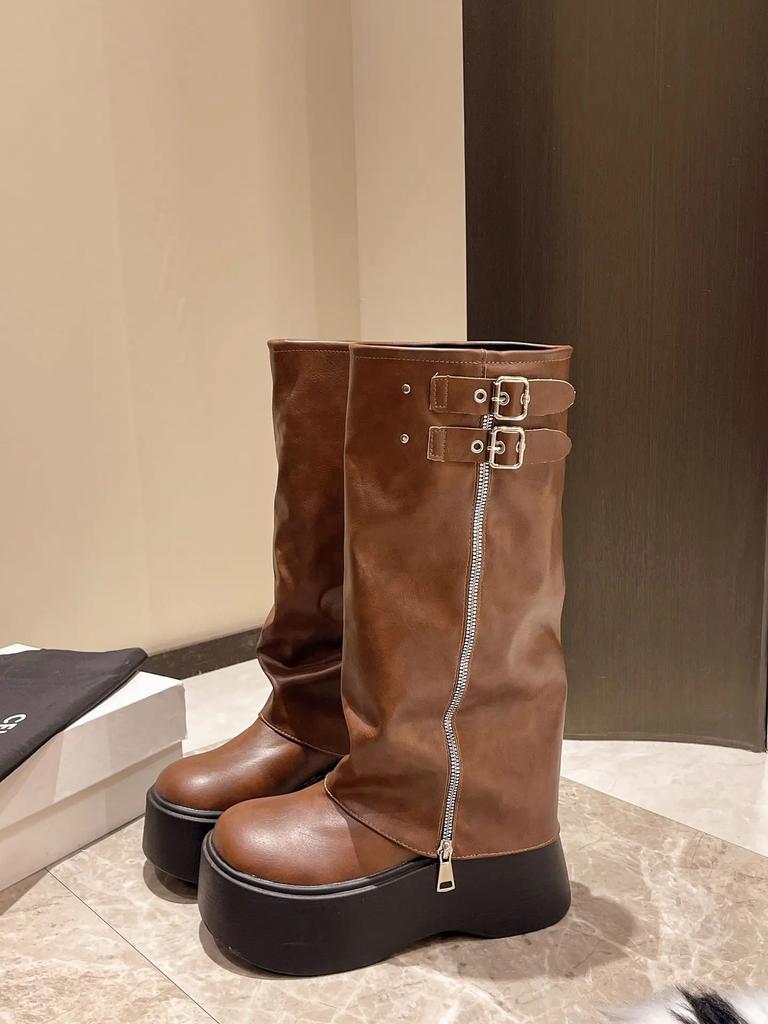 Кисточки Сапоги для Женщин Ретро Готический Тренд Женские Сапоги Челси Средний Каблук Мотоциклетные Сапоги Женская Мода До Колена Ботас