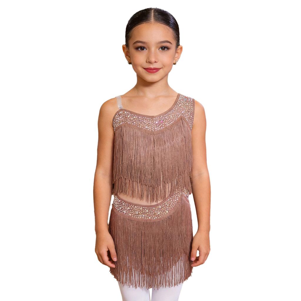 Girls Tassel Latin Dance Dress Asymmetrical Fringe Shiny Rhinestones Cutout Stage Performance Costume