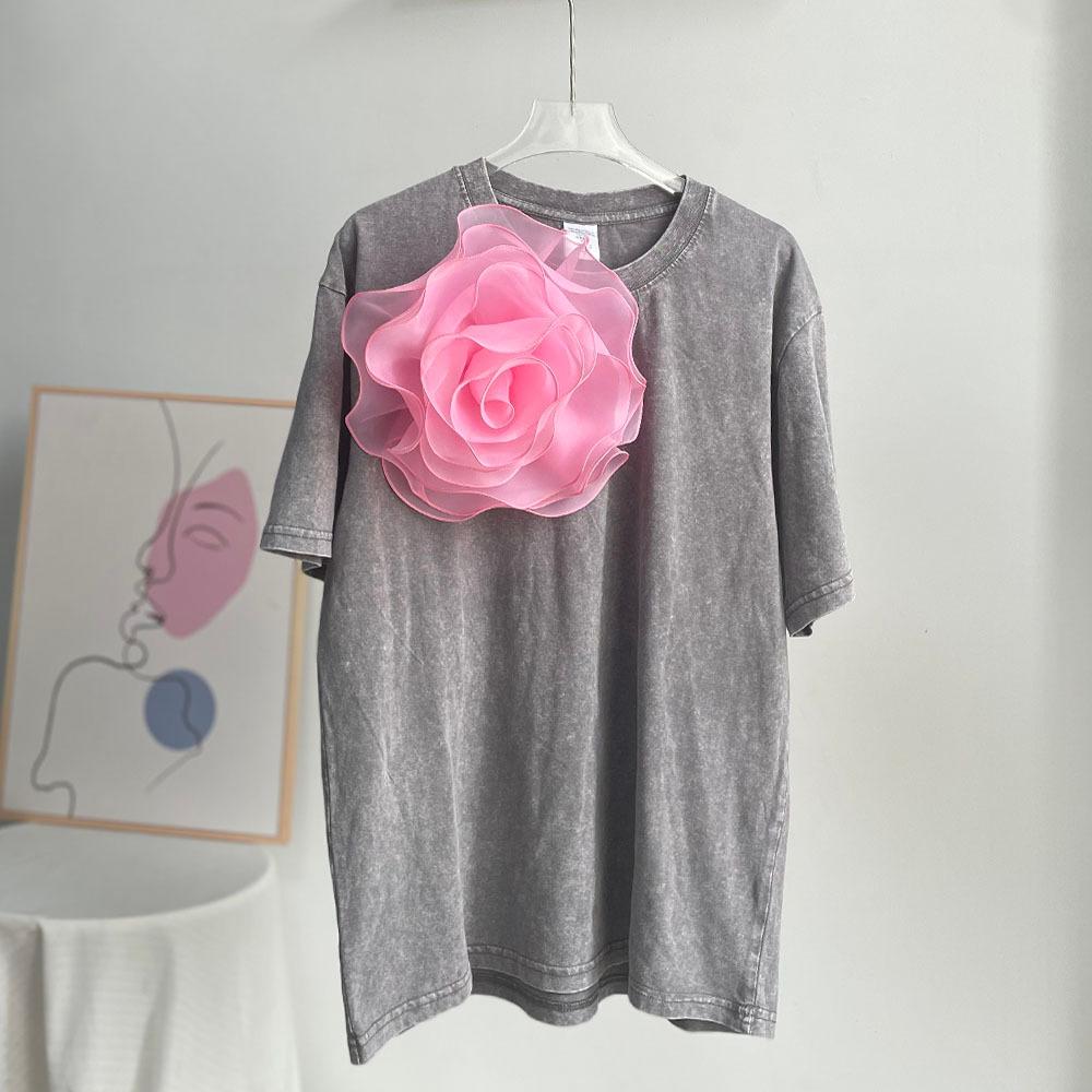 Hirsionsan 2025 Кислотно-стираемая винтажная футболка уличная эстетическая шикарная футболка с цветком женская повседневная хлопковая футболка с коротким рукавом Y2k