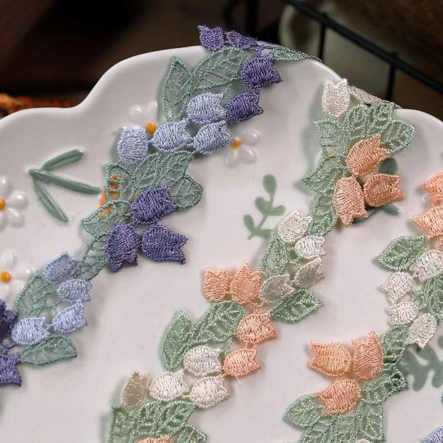 1 Yards Purple Orange Flowers Embroidery Lace Guipure Ribbon Applique Wedding Dress Headveil DIY Sewing Supplies 3.7cm Wide