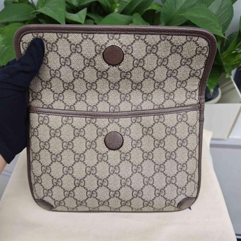 [Pre-Owned] Neo Vintage Series Gold Foil Logo Monogram Tiger Head Decorative Striped Shoulder Strap Canvas And Leather Messenger - Very Good #1KPCD5H