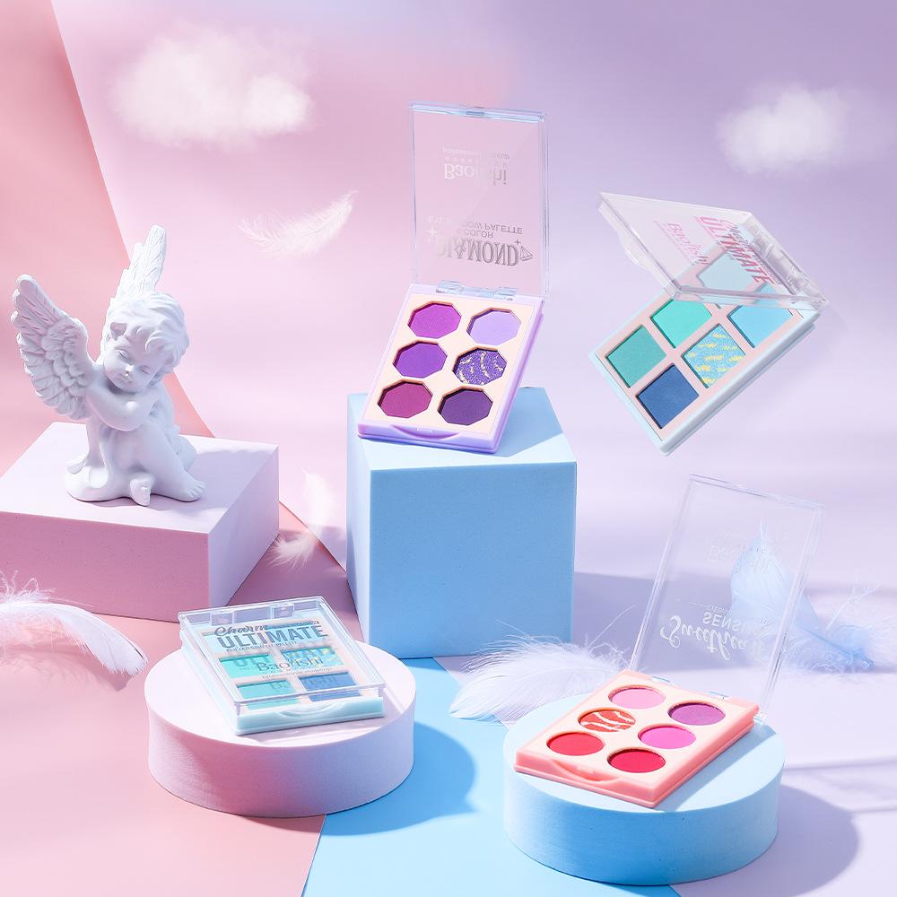 Палитра теней для век из шести цветов. Цветные перламутровые матовые тени для век.