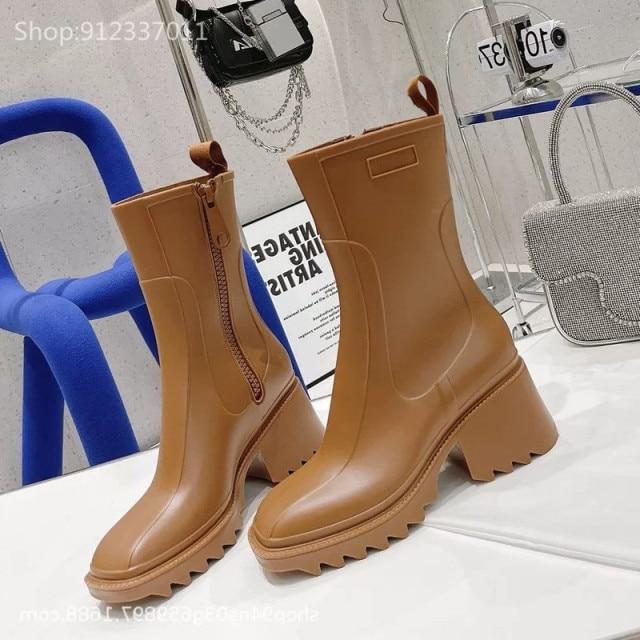 Роскошные женские ботильоны до щиколотки с квадратным носком, ПВХ резиновые сапоги для женщин на массивном каблуке, резиновые ботинки челси, женская обувь для дождя на толстой подошве