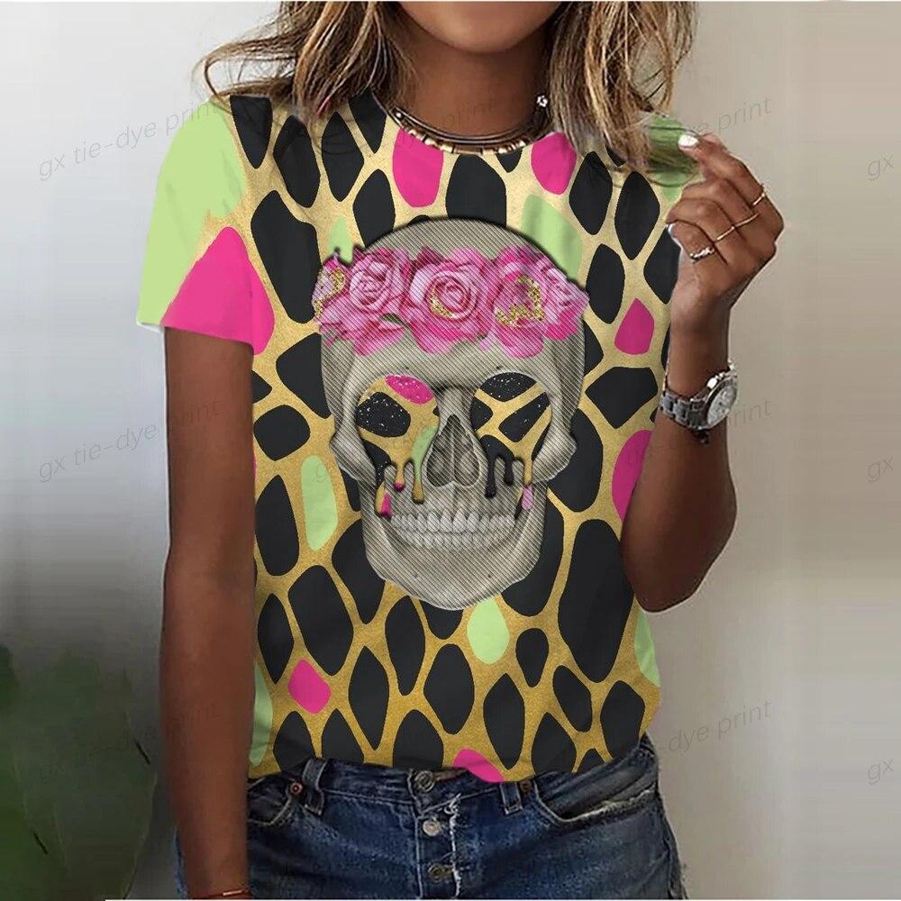 Женская футболка с принтом черепа, черная женская повседневная футболка с круглым вырезом, белая модная свободная рубашка, женская футболка с коротким рукавом, розовый череп