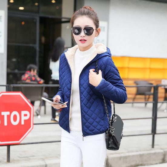 Winter Women Jacket Hooded Zip-up Long Sleeves Thick Plush Lined Solid Color