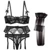 Women Bra Set Bra+Thongs+Garters+Stockings 4 Pcs