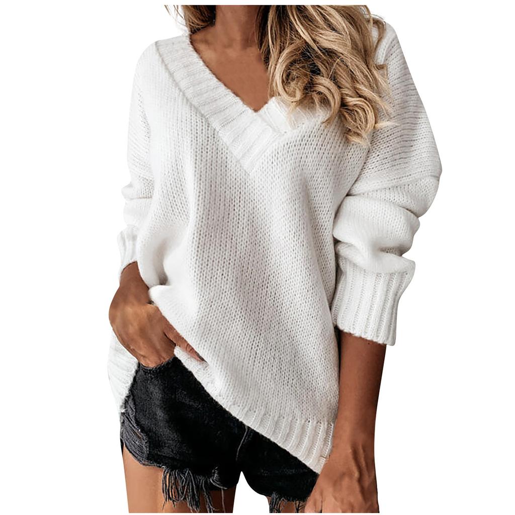 Женский модный повседневный однотонный свитер с v-образным вырезом и длинными рукавами, пуловер, топы