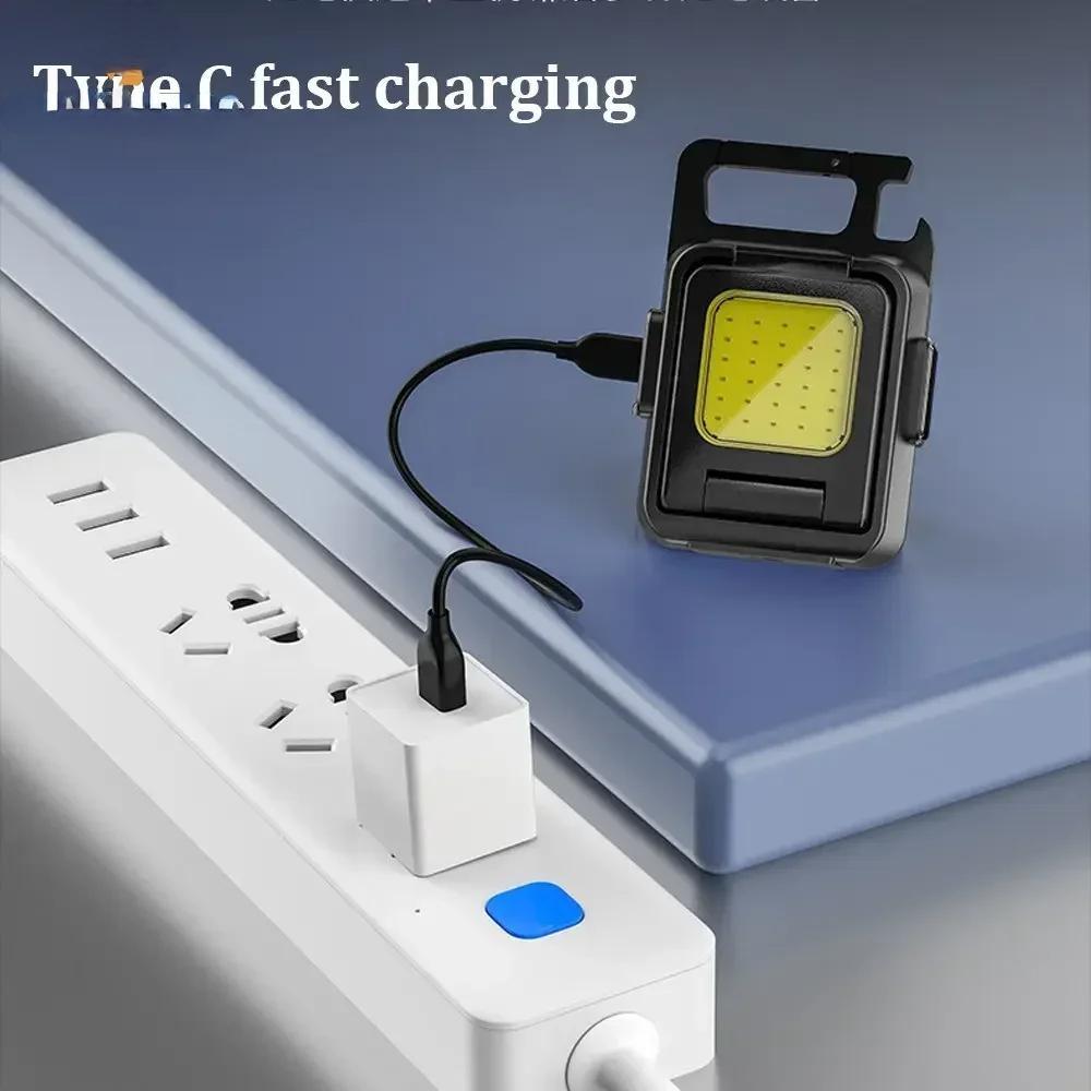 Маленький светодиодный фонарик-брелок, USB-перезаряжаемый фонарик, рабочий фонарь, многофункциональный портативный COB, вращение на 90 °, фонарь для кемпинга