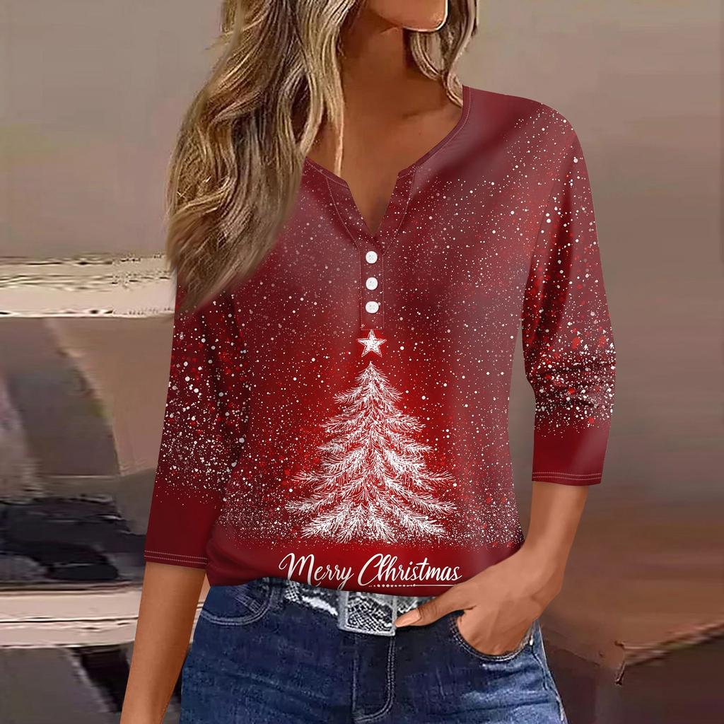 Women's T Shirt Christmas Print Button 3/4 Sleeve Daily Weekend Fashion Basic V- Neck Regular Top