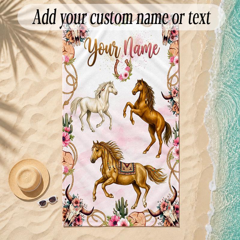 Horse Theme Soft Beach Towel Personalized Custom Name Text Towel Portable for Beach Pool Travel