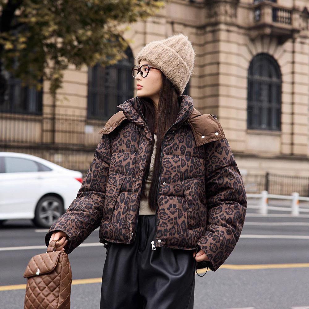 Хлопковое пальто в винтажном стиле с леопардовым принтом, зимнее, последнее, нишевое, с воротником-стойкой, пальто-пуховик, хлопковый пуховик