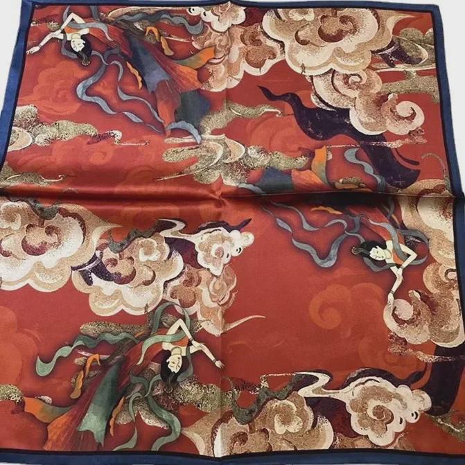 Dunhuang Feitian Xiangyun Mulberry Silk Satin Scarf - National Style, 70cm Square for Women