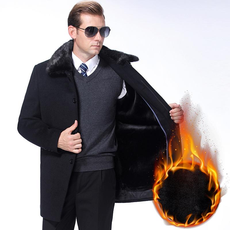 Зимнее кашемировое пальто для мужчин среднего и пожилого возраста, утолщенная и бархатная подкладка, съемный свободный воротник из натурального меха сверху куртки