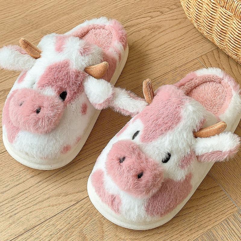Fashion Women's Plush Slippers Winter Warm Cartoon Cow Slippers Closed Toe Non Slip Furry House Shoes Women Indoor Bedroom Slippers