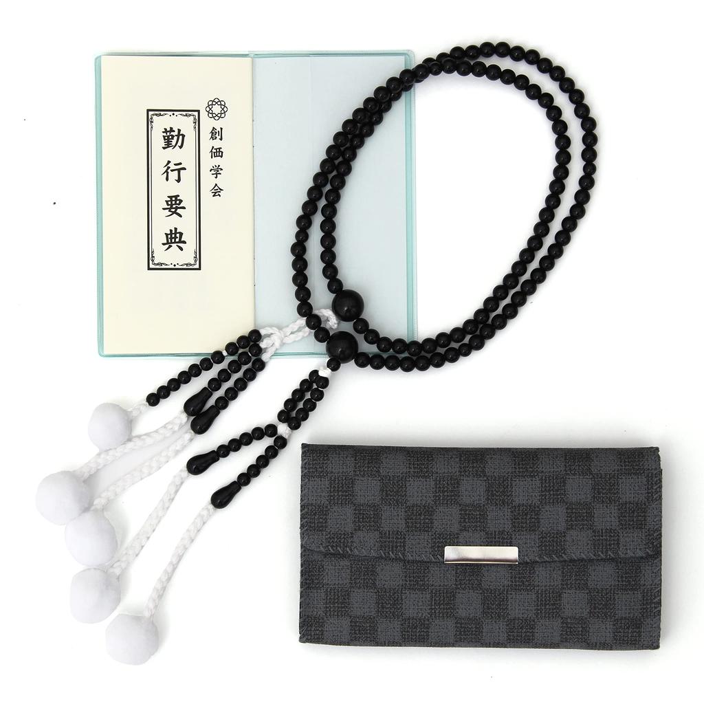 Soka Gakkai Prayer Bead Black Prayer Beads Small Sutra Book and Small Checkered Gray Prayer Bead A perfect gift for new 3-Piece Set (10 inches),