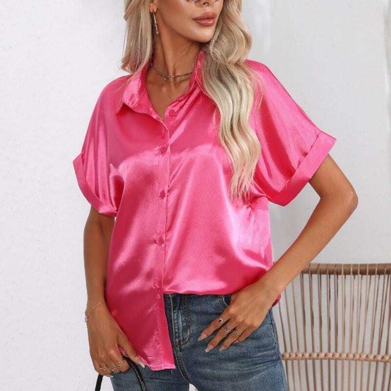Summer Silk Shirts Women Button Up Satin Blouse Loose Office Short Sleeve Ladies Tops Casual Shirt Elegant 26103
