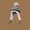 Women Knitted Bobble Hat Furry Inner Ear Flaps with Pompom Ball Winter Outdoor