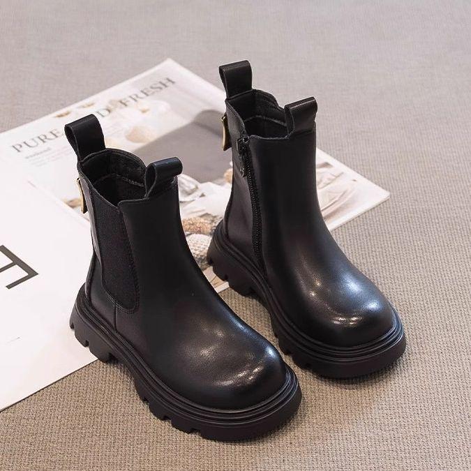 British Style Children's Boots for Girls Toddlers Black Leather Boots Versatile Kids Fashion Ankle Boots Causal Thick Bottom New
