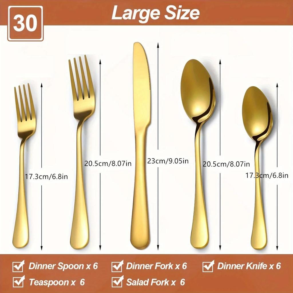 30/60-Piece Luxury Golden Flatware Set Stainless Steel Cutlery Includes Dinner Spoons,Dinner Forks Salad Forks Dinner Knives4