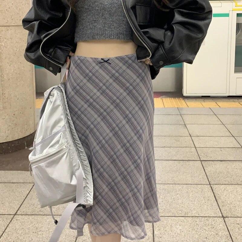 Harajuku шикарная весенняя элегантная длинная юбка женская французская клетчатая ретро трапециевидная одежда женская винтажная повседневная юбка-миди с высокой талией