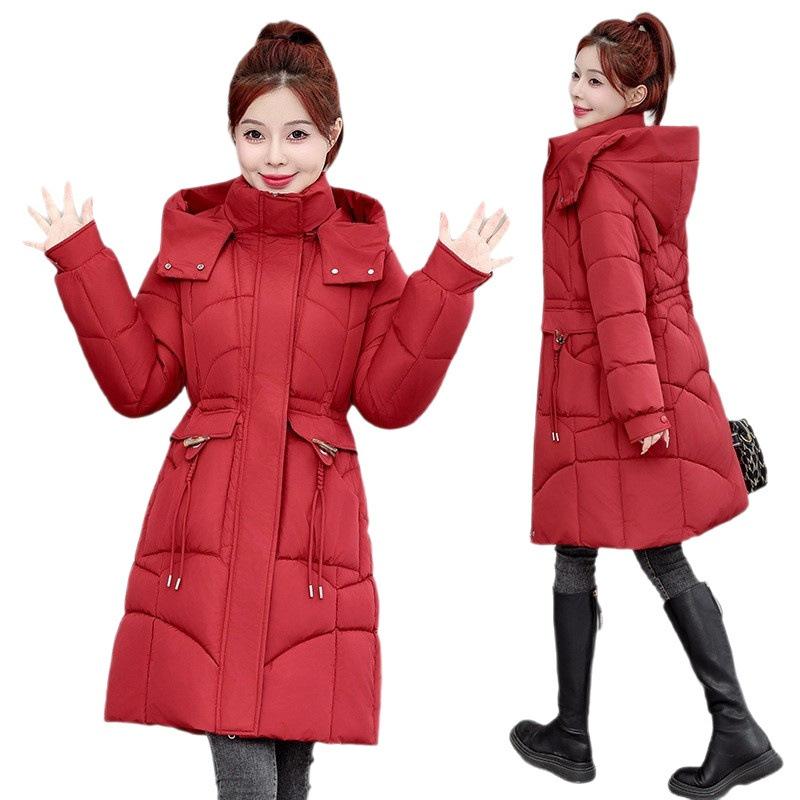 Winter warm medium and long cotton-padded women, thickened hooded windproof cotton-padded clothes, large-size mother overalls
