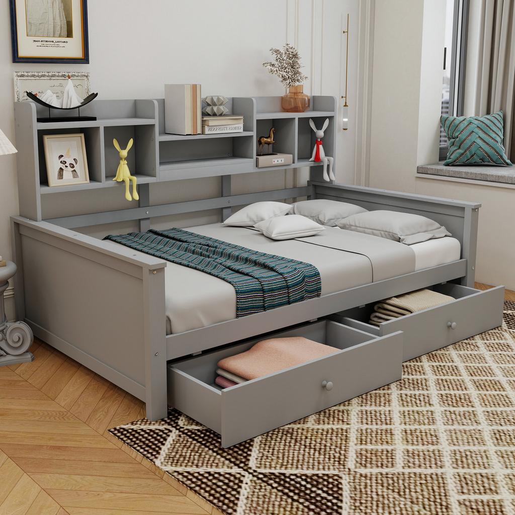 Sofa Bed 90x200, Drawers and Shelves, Slatted Frame, Children's Bed, Youth Bed, Single Bed, Solid Wood Bed Grey