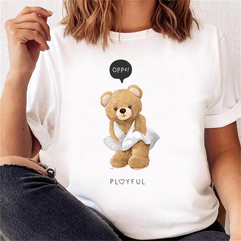 Cool Bear Cartoon Pattern T-shirt Women Tops Summer Vigorous Lovely Harajuku Female Fashion Tees Ladies Shirt