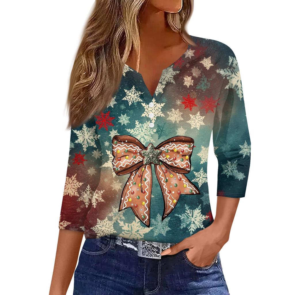 Женская рубашка с рукавом семь дюймов, напечатанная в стиле ретро, повседневная, свободная, с V-образным вырезом, рождественская