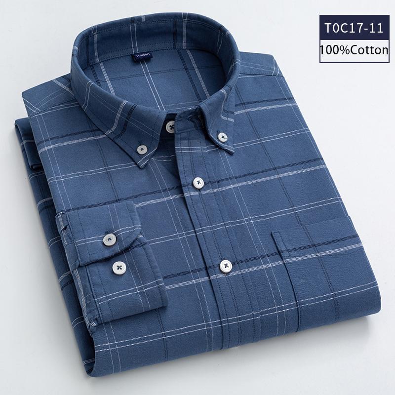 New Cotton Oxford Plaid Shirts Men Casual Spring Autumn Checked Long Sleeve Shirt For Man Iron Free