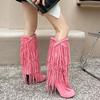 High-Heeled V Mouth Fringed Women's Boots Round Toe 10cm Square Heel High Tube Boots Fashion Sexy Flock Women Shoes Size 34-39