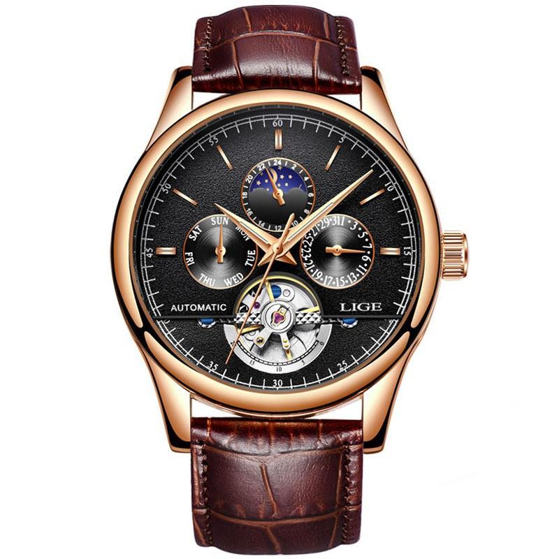 LIGE Men's Automatic Mechanical Watch Leather Waterproof Multi-Function Sports Tourbillon Wristwatch