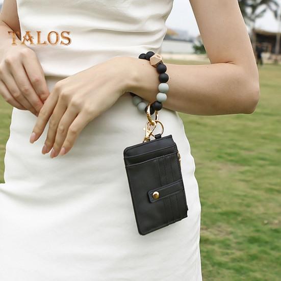 Брелок на запястье с блокировкой RFID и 6 отделениями для карт, браслет с кисточками и бусинами, брелок из искусственной кожи