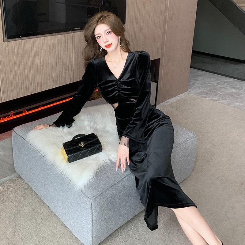 Весна Осень V-образный вырез Элегантное Модное Бархатное Черное Платье Женское Длинный Рукав Темперамент Талия Халат Vestidos