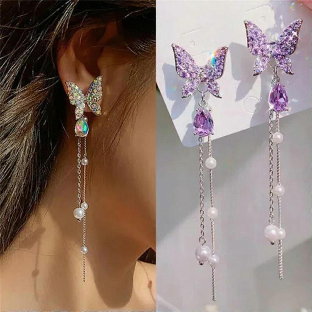 RSAMD Purple Crystal Butterfly Drop Earring for Women Pearl Tassel Chain RhinestoJO-A2